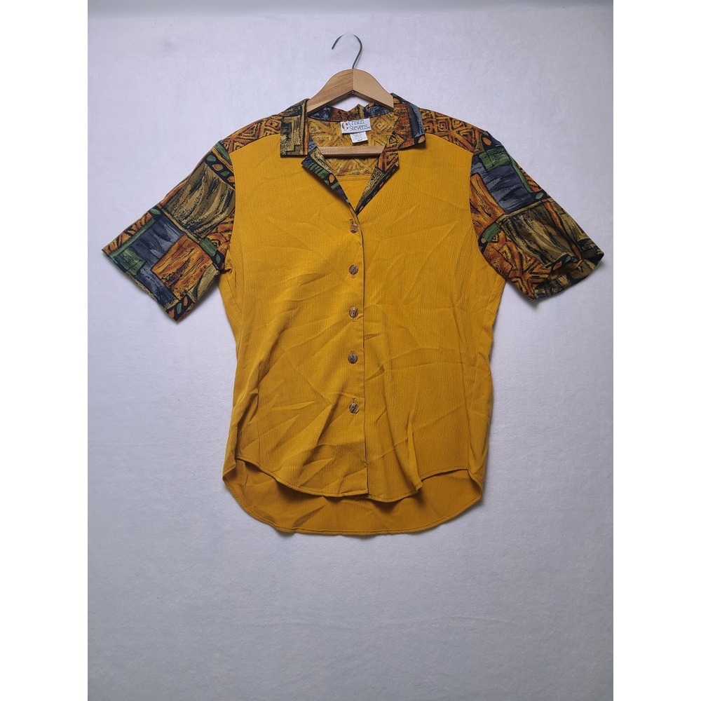 VTG USA Cristin Stevens M Button Down Shirt Tribal Boho Retro Mustard Yellow